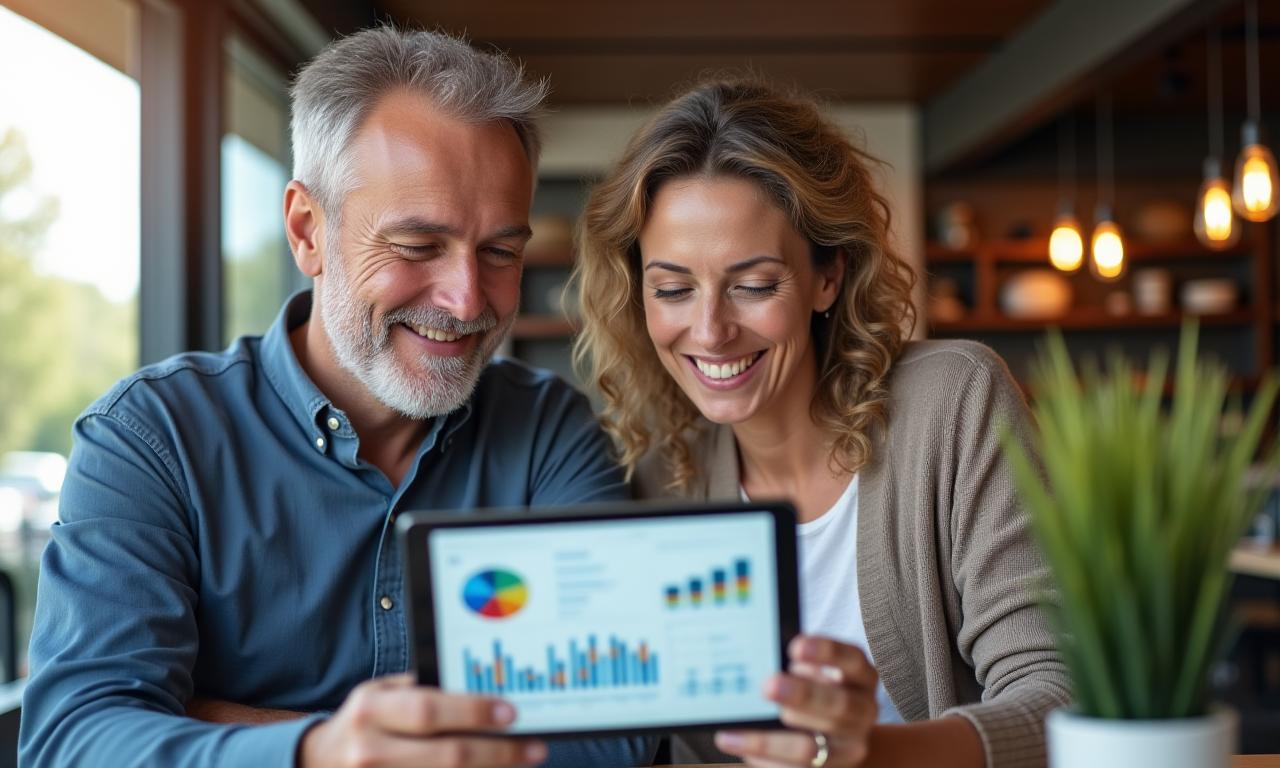 A happy, mature couple confidently reviewing their financial plans on a tablet.