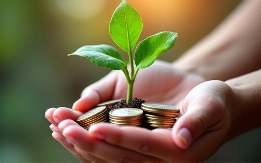 A thriving green plant growing out of a handful of coins.