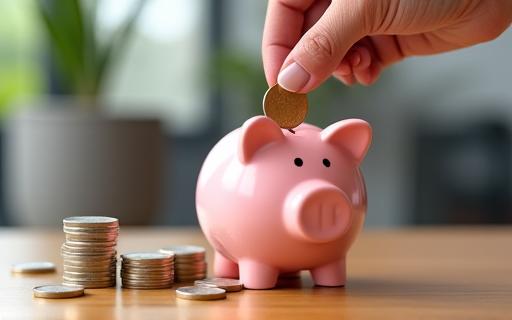 A person carefully adding a coin to a growing piggy bank.